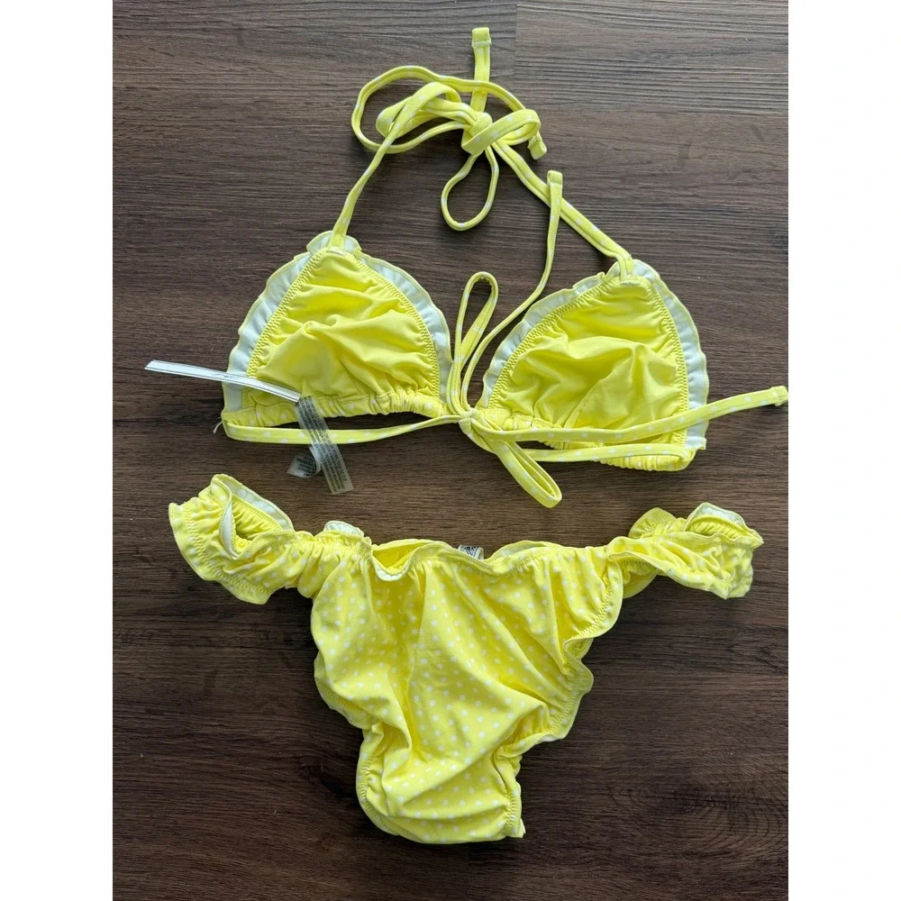 Victoria's Secret PINK x Frankie's Bikinis Yellow Polka Dot Ruffle Bikini Set M